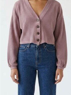 Out From Under Cropped Waffle Cardigan Muted Lavender Brown XS Coquette